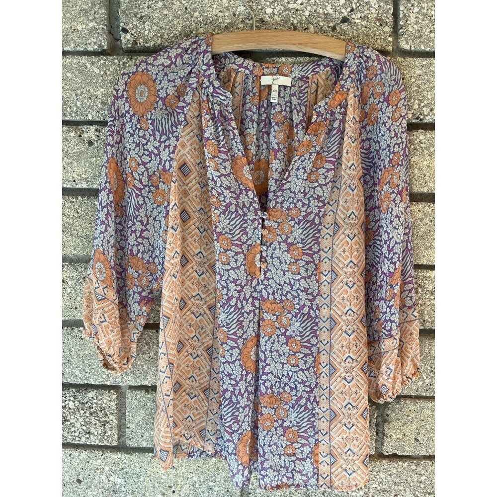 Joie Womens Floral Print Boho Blouse XXS Purple Orange White Lightweight 3/4 Sle